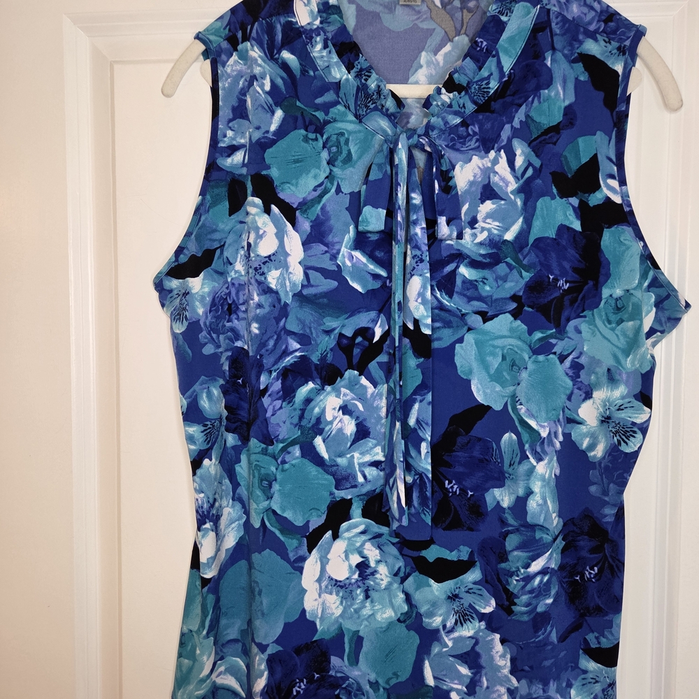 Calvin Klein Blue Teal Ruffle Neck With Bow Sleeveless Top Sz XL Preloved